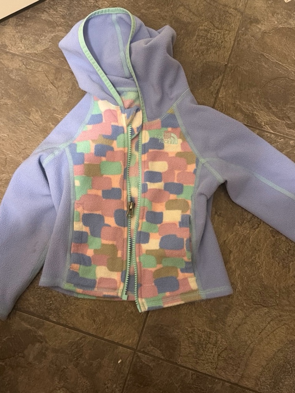The North Face Lavender Hooded Fleece Jacket with Pastel Multi-Color Front